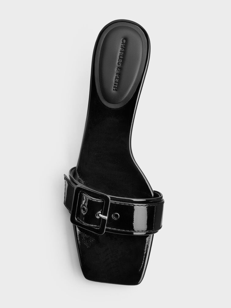 Patent Buckle-Strap Heeled Mules, Black Patent, hi-res