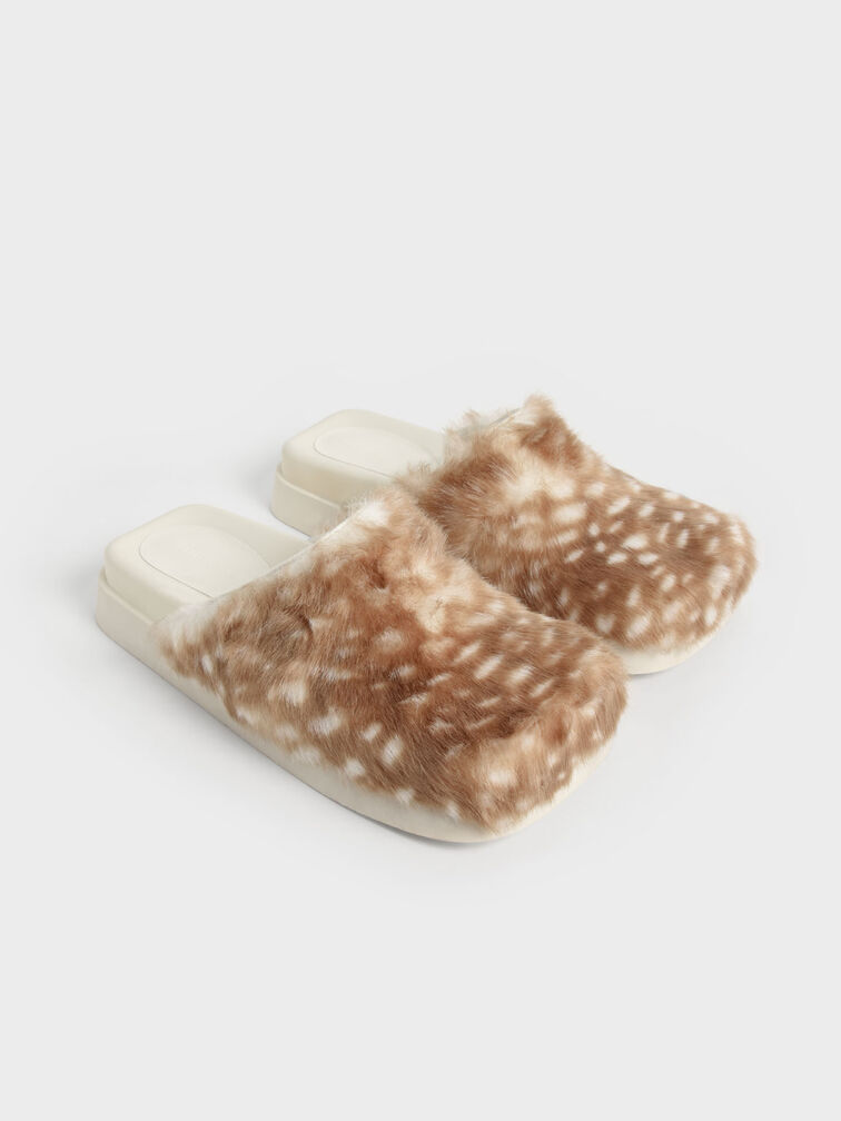 Marcy Furry Flat Mules, Animal Print Natural, hi-res