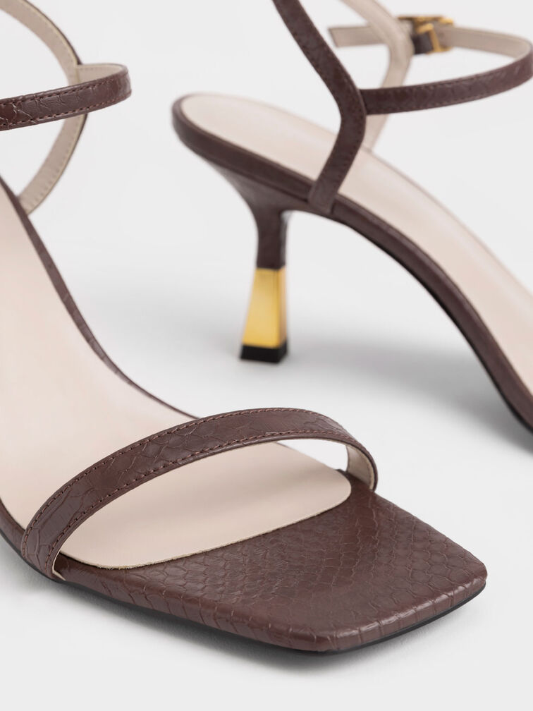 Snake-Print Ankle-Strap Heeled Sandals, Animal Print Brown, hi-res
