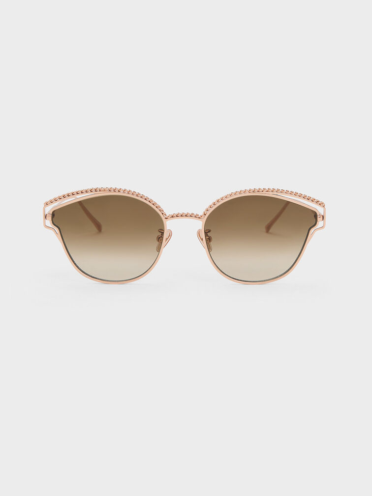 Braided Wire-Frame Cateye Sunglasses, Rose Gold, hi-res