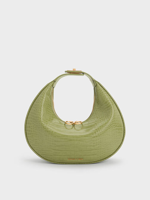 Croc-Embossed Crescent Hobo Bag, Olive, hi-res