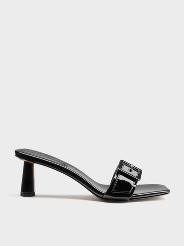Patent Buckle-Strap Heeled Mules, Black Patent, hi-res