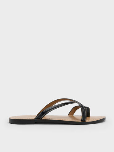 Crossover Toe-Ring Sandals, Black, hi-res