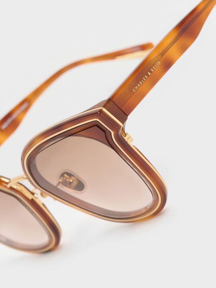 Gold-Trim Rectangular Sunglasses, T. Shell, hi-res
