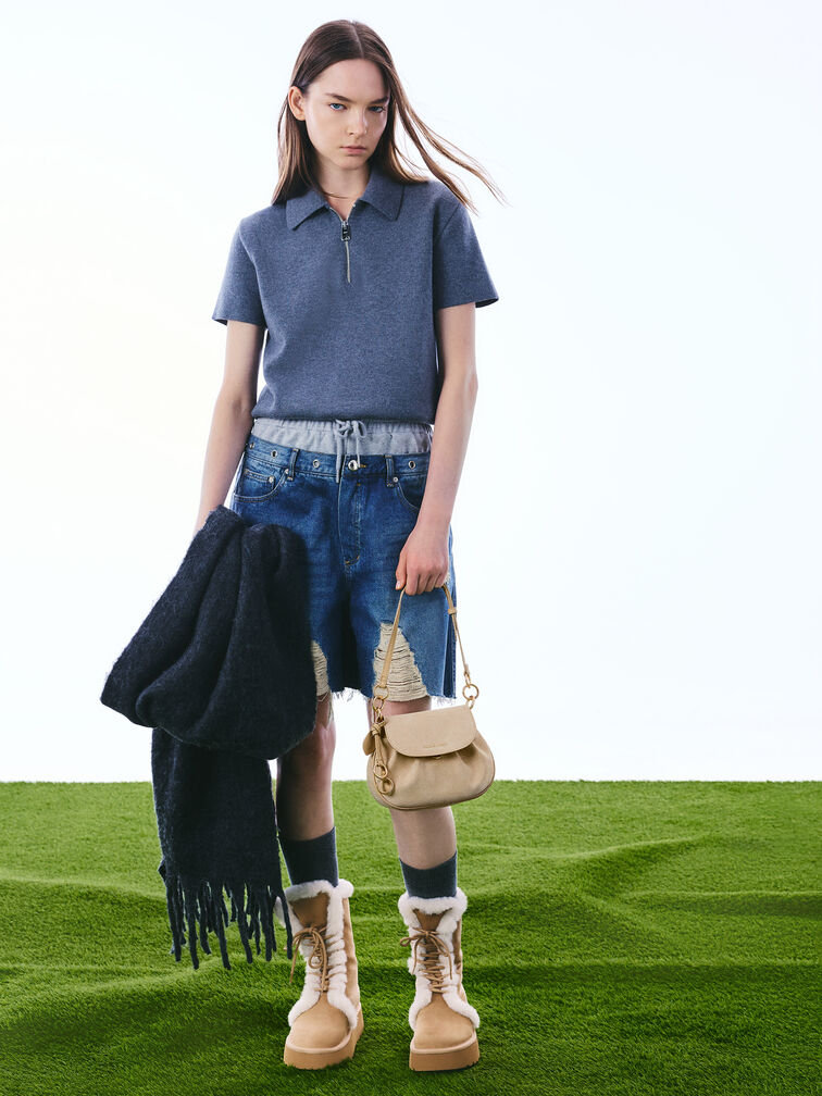 Britton Recycled Suede Ruched Saddle Bag, Nutmeg Beige, hi-res