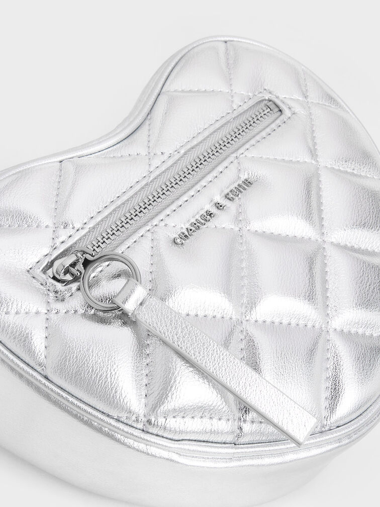 Philomena Metallic Quilted Heart Crossbody Bag, Silver, hi-res