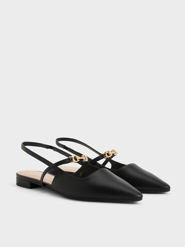 Trifina Metallic-Accent Pointed-Toe Slingback Flats, Black, hi-res