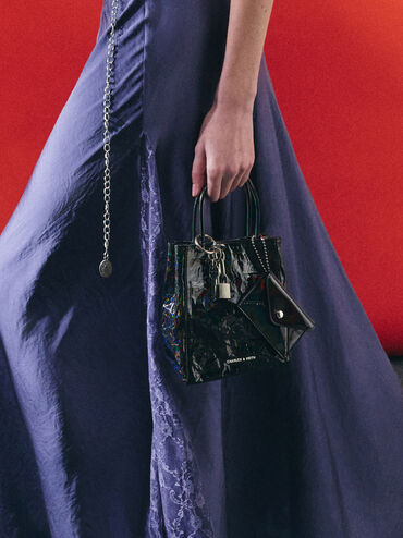 Matina Patent Crinkle-Effect Elongated Tote Bag, Prism Noir, hi-res