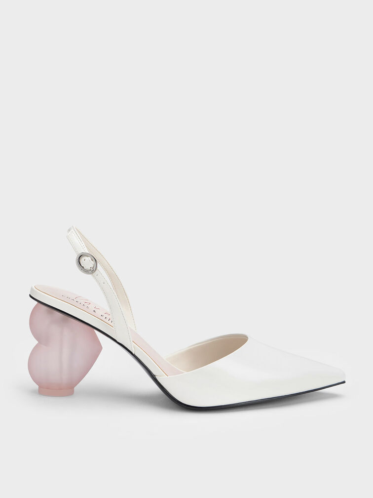 Heart Heel Slingback Pumps, White, hi-res