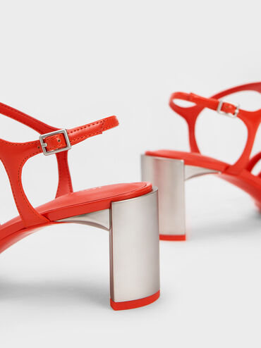Curved Heel T-Strap Pumps, Red, hi-res
