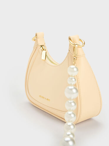 Beaded Handle Hobo Bag, Beige, hi-res