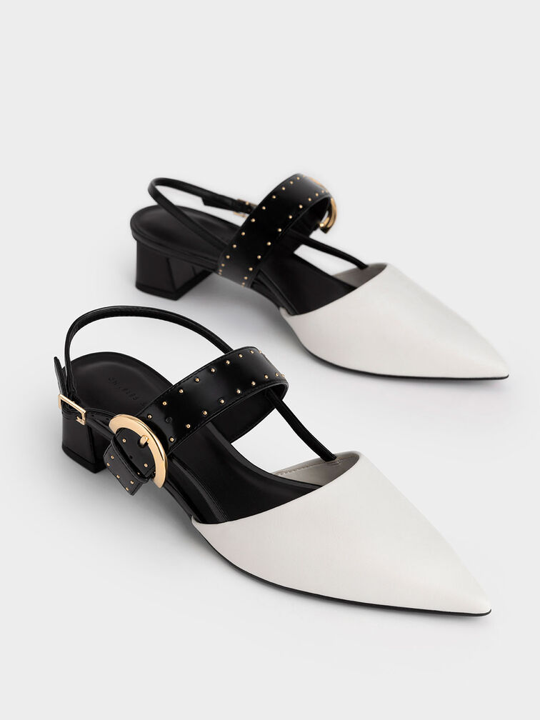 Studded Buckled Slingback Pumps, Chalk, hi-res