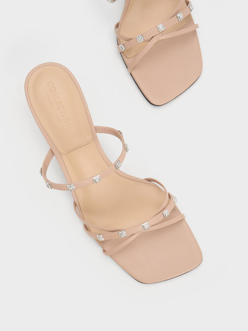 Square Crystal-Embellished Leather Heeled Mules, Nude, hi-res