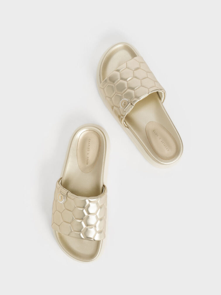 Metallic Textured Flatform Sliders, Gold, hi-res
