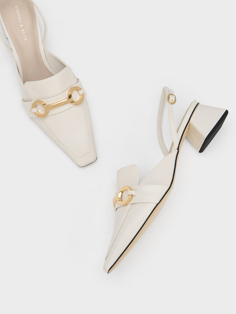 Metallic Bar Slingback Pumps, White, hi-res