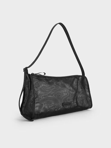 Mesh Elongated Shoulder Bag, Jet Black, hi-res