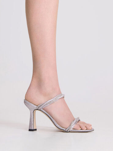 Embellished Twisted Strap Glittered Sandals, Silver, hi-res