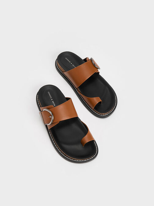 Metallic Buckle Toe-Ring Sandals, Cognac, hi-res