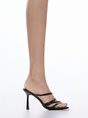 Asymmetric Square-Toe Heeled Mules, Black, hi-res