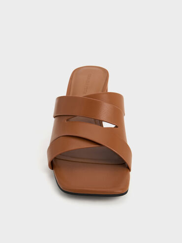 Crossover-Strap Square-Toe Block-Heel Mules, Cognac, hi-res
