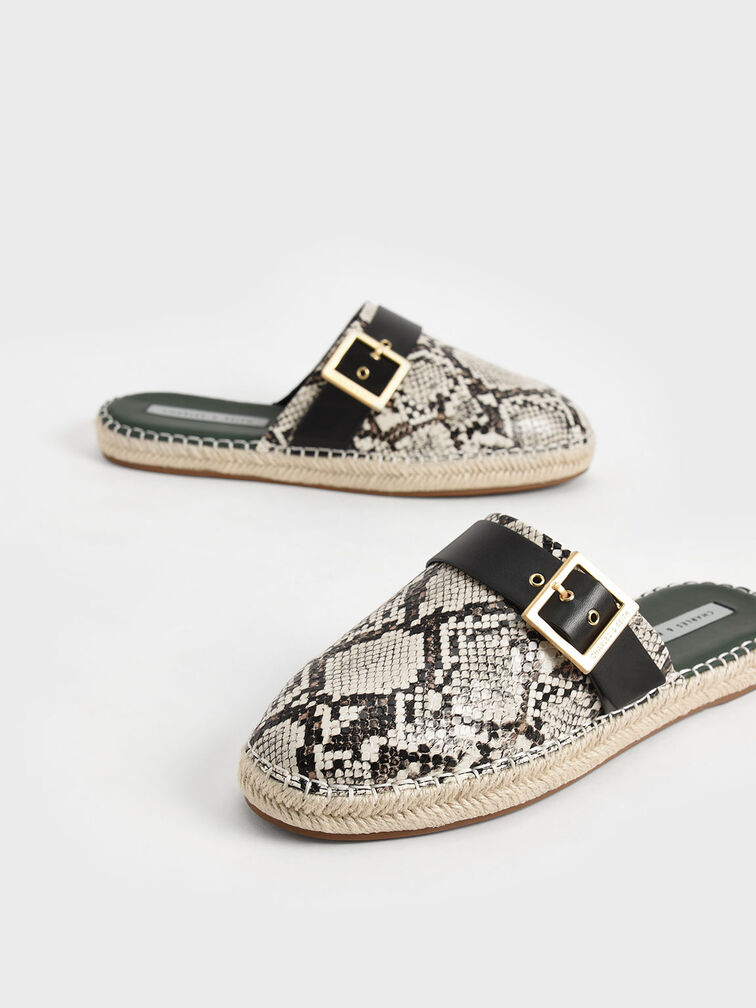 Snake-Print Buckled Espadrille Mules, Animal Print Natural, hi-res