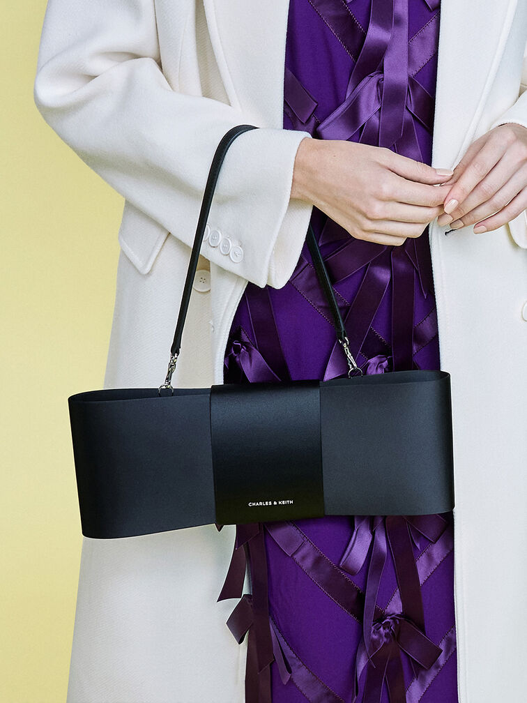 Satin Bow Elongated Shoulder Bag, Noir, hi-res