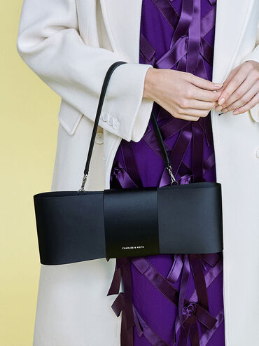 Satin Bow Elongated Shoulder Bag, Noir, hi-res