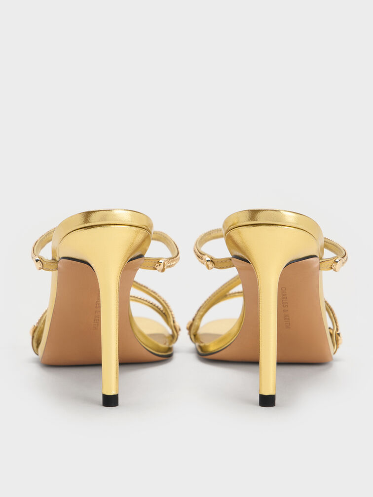 Metallic Braided Strappy Heeled Mules, Gold, hi-res