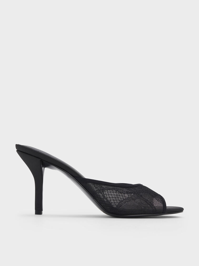 Lace Stiletto Mules, Black Textured, hi-res