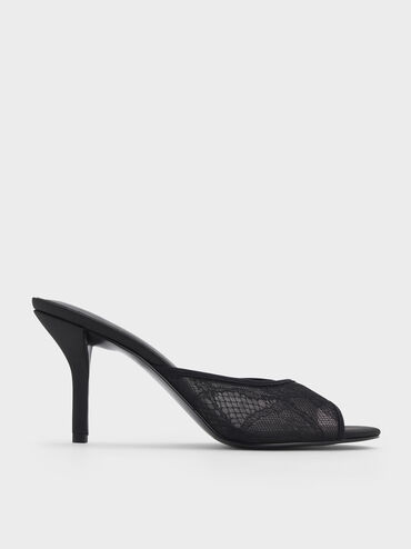 Lace Stiletto Mules, Black Textured, hi-res
