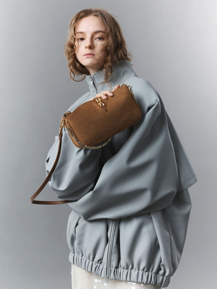 Adalyn Recycled Suede Metallic-Buckle Chain-Handle Shoulder Bag, Mocha Brown, hi-res