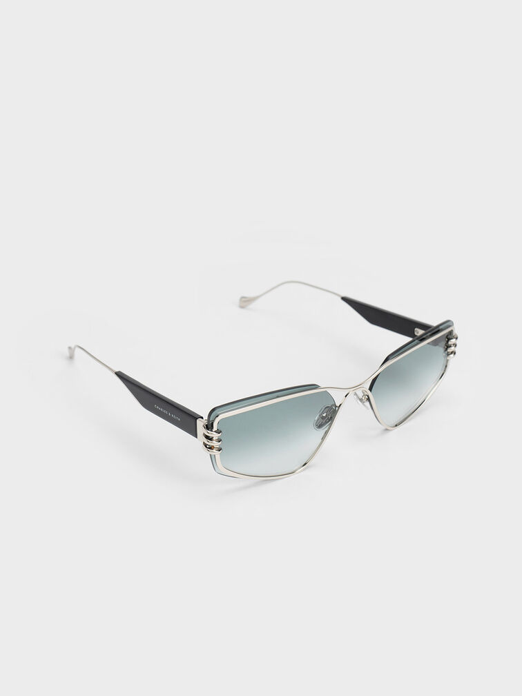 Metallic-Rimmed Geometric Sunglasses, Black, hi-res