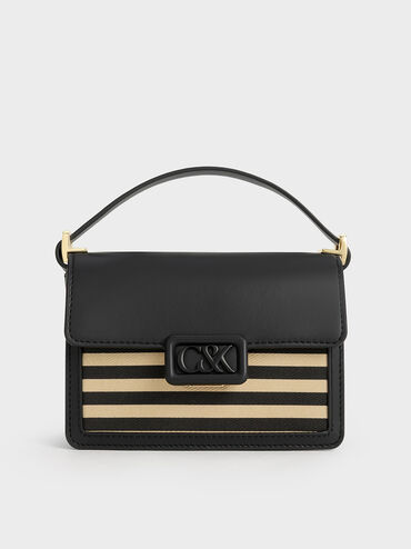 Leather & Canvas Striped Boxy Bag, Multi, hi-res