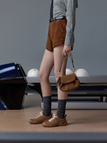 Britton Recycled Suede Ruched Saddle Bag, Mocha Brown, hi-res