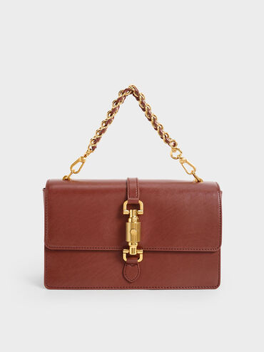 Atlas Push-Lock Braided Handle Bag, Chocolate, hi-res