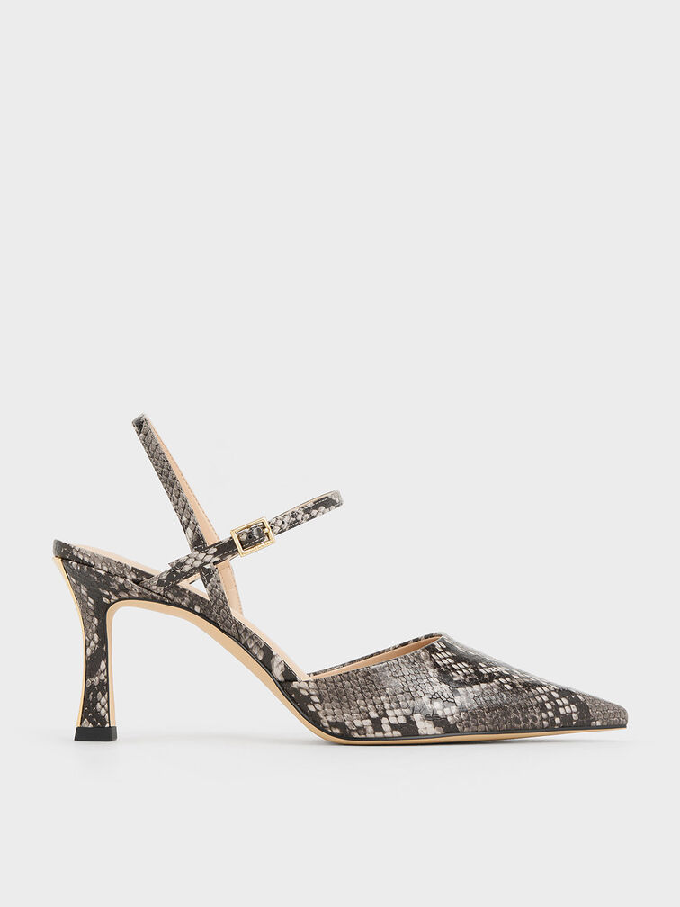 Snake-Print Pointed-Toe Flared Heel Pumps, Animal Print Natural, hi-res