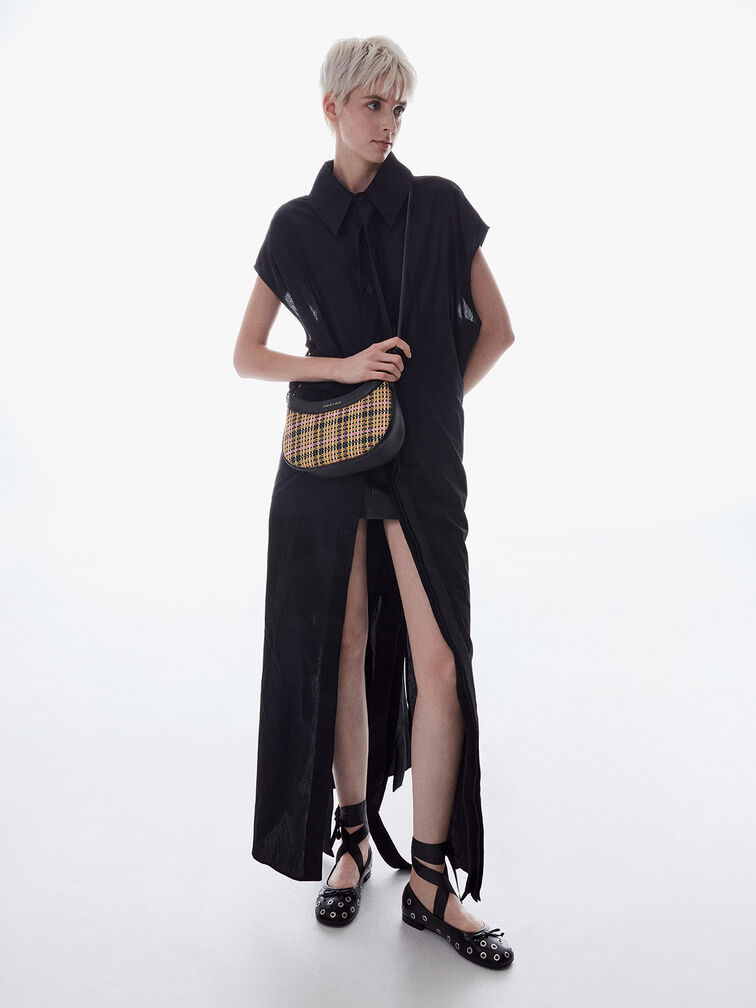 Sabine Tartan Knotted-Strap Curved Shoulder Bag, Tartan Straw, hi-res