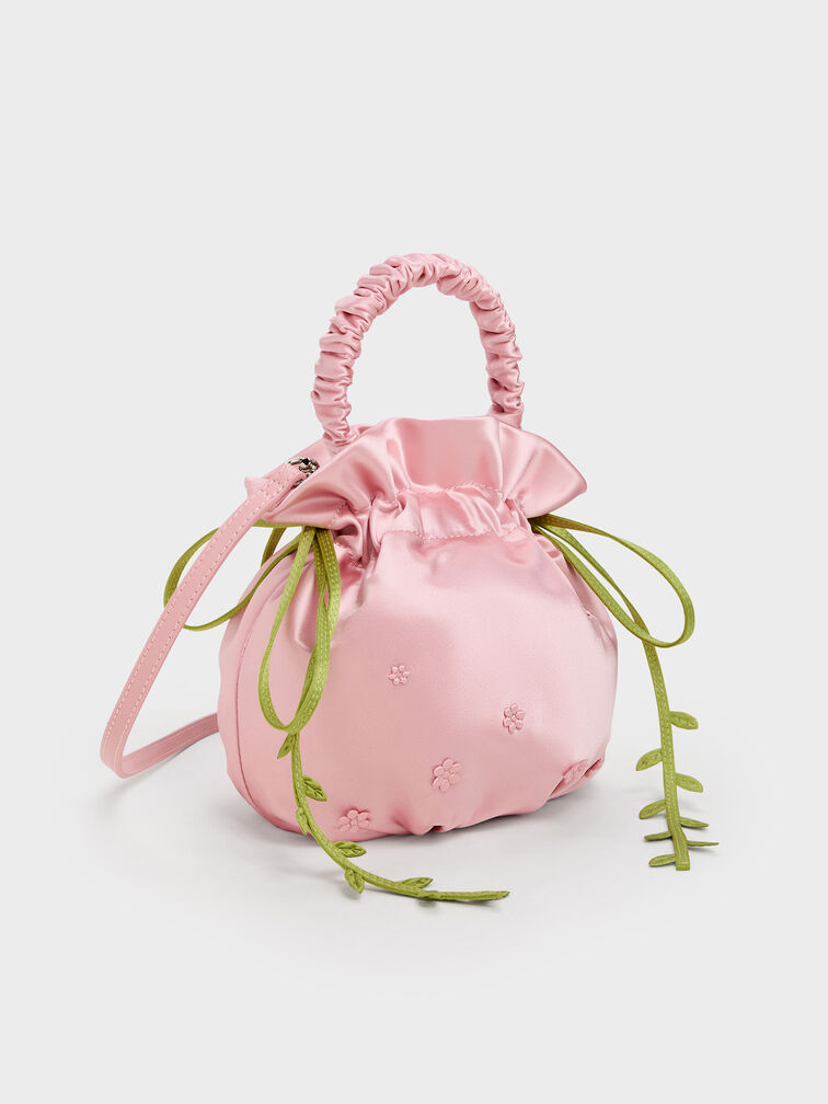 Mabel Satin Floral-Vine Bucket Bag, Pink, hi-res