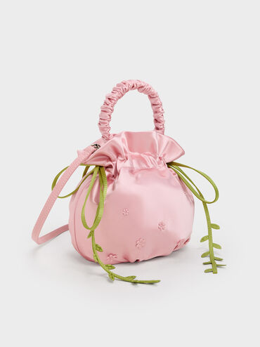 Mabel Satin Floral-Vine Bucket Bag, Pink, hi-res