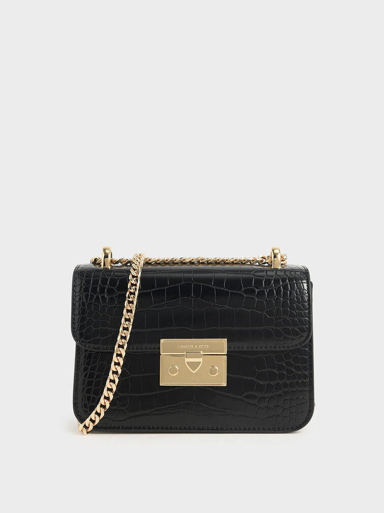 Alva Croc-Effect Chain Strap Crossbody Bag, Black, hi-res