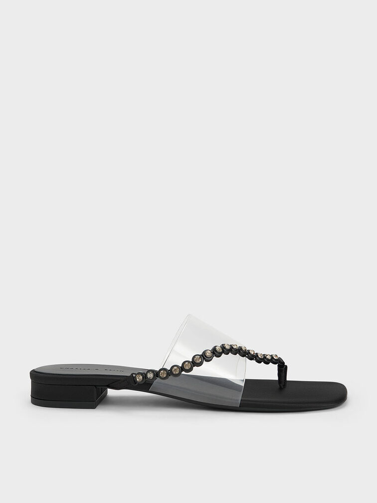 Recycled Polyester Gem-Strap Thong Sandals, Black, hi-res