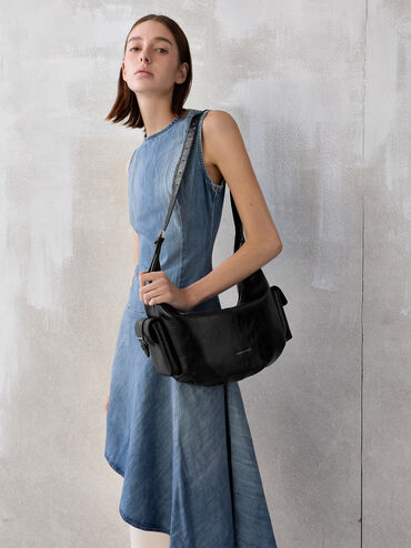 Large Bessie Side-Pocket Hobo Bag, Noir, hi-res