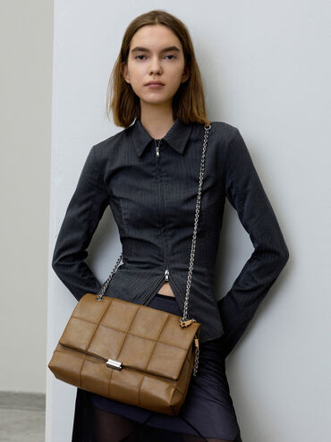 Large Delfina Quilted Chain-Strap Shoulder Bag, Walnut Brown, hi-res