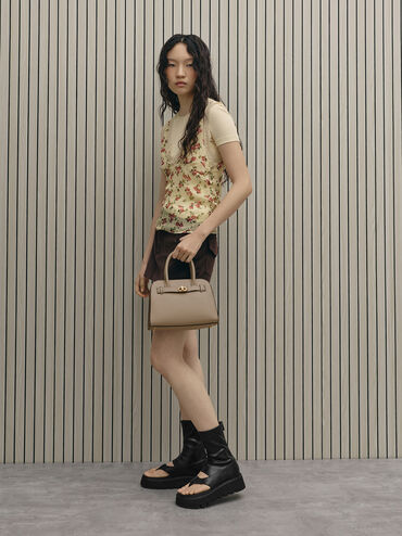 Aubrielle Belted Tote Bag, Taupe, hi-res