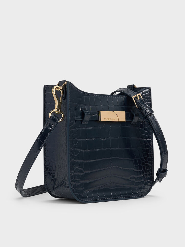 Aurelia Croc-Effect Metallic-Accent Crossbody Bag, Navy, hi-res