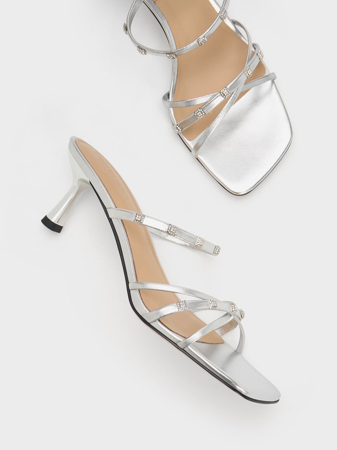 Square Crystal Embellished Metallic Leather Heeled Mules Silver