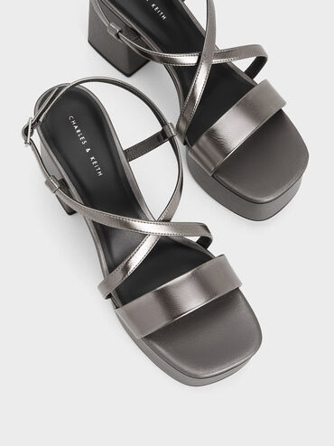 Metallic Crossover Strap Platform Sandals, Pewter, hi-res