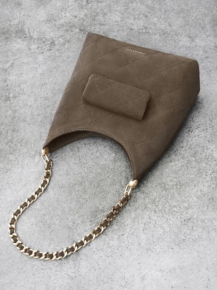 Duo Quilted Front-Pocket Chain Hobo Bag, Stone Grey, hi-res