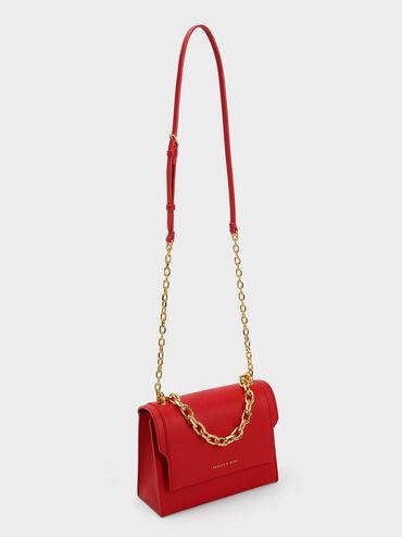 Front Flap Chain Handle Crossbody Bag, Red, hi-res