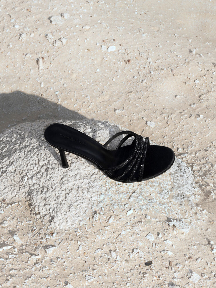 Satin Crystal-Embellished Heeled Mules, Black Textured, hi-res